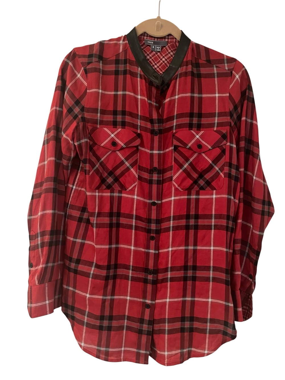 Vince Lamb Leather Trim Button-Up Plaid Blouse  size 6
